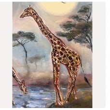 "Giraffes at the Waterhole" is an atmospheric oil painting by Ukrainian artist Marina Stognieva